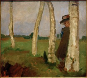 Girl with Hat between Birch Trunks