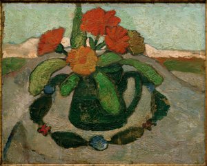 Still Life with Marigolds in Front of Landscape by Paula Modersohn Becker