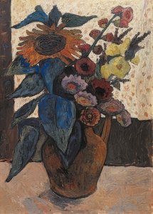 Still Life with Sunflowers, Hollyhocks, and Dahlias