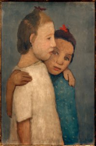 Two Girls in White and Blue Dress, Leaning on the School by Paula Modersohn Becker