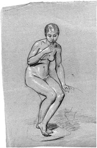 A seated female nude, looking down