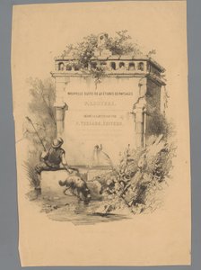 Man with Dog Sitting on the Edge of a Fountain (Landscape Studies by Paulus Lauters series) by Paulus Lauters