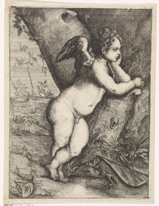 Cupid Musing by a Tree Trunk