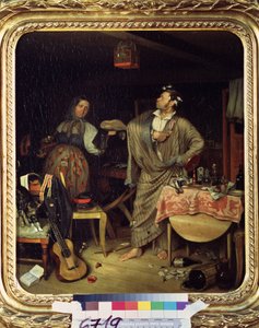 Fresh Cavalier (Morning of a Bureaucrat Receiving His First Cross). A military man in a dressing gown proudly wears his medal in the disordered apartment. by Pavel Andreevich Fedotov