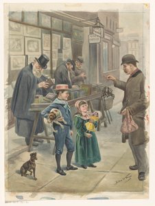 Man Showing Two Children Toys on the Steps of a Print Shop by Pedro de Weyer