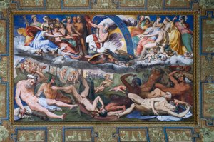 Zeus striking the rebelling Giants (the Fall of Giants) in The Hall of Jupiter by Perino del Vaga