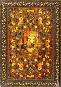 A Zand Book Cover Painted with a Central Seated Figure within an Interior, Surrounded by Floral Sprays by Persian School