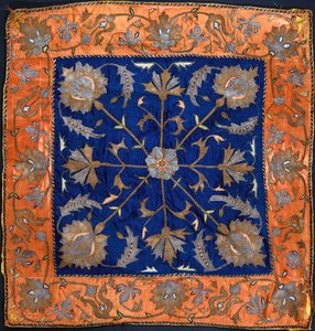 A Bocha Composed of Blue Satin Field Embroidered in Silver and Gilt Thread