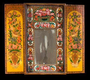 A large Qadjar polychrome lacquered Mirror, with the doors open to reveal the decorated interior by Persian School