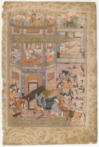 Ali lifts the gates of Qamus, from a Rawzat al-safa by Persian School