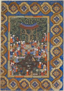 Folio from an unidentified text; A Ruler in a Garden Pavilion Surrounded by Courtiers and Attendants by Persian School