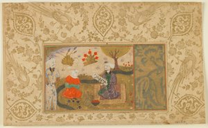 A Woman Converses with a Seated Man by a Stream