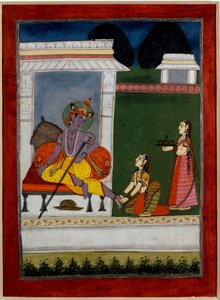 Krishna resting. A servant massages his feet. Persian miniature of the Indian school of the 17th century