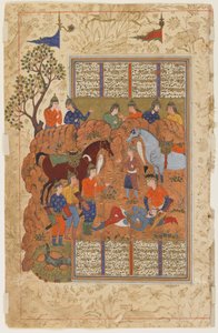 Iskandar comforts the dying Darab from a Shahnama