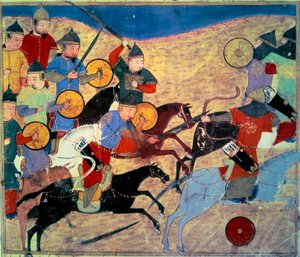 Leak of Noqai, Mongolian horsemen. Persian manuscript Sum of Stories (Djame al-tavarikh) (Folio 155v) by Persian School