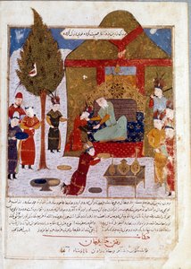 Mongolian Emperor Genghis Khan on his throne in a camp near Ilmil with his grandsons Quibalai and Hule Gu