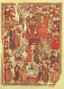 Genghis Khan and his wife Bortei enthroned before courtiers, folio from a book called Jami al Tawarikh by Rashid ad-Din by Persian School