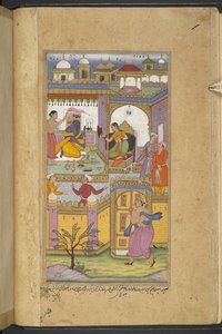 Bhima arriving at the castle of Dvaraka to invite Krishna to the ‘asvamedha’. Krishna who is with his wife Satyabhama pretends not to hear. (Bhawani) from the 