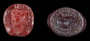 Persian art: cameo of Kavadh I (or Qobad, Kobad, Kabad) (488-496 AD) king of the second Persian empire and agate stamp of the Sassanid period. 5th or 6th century AD. Paris, B.N. by Persian School