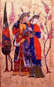 Two princesses in a garden landscape, from the Tohfat Al-Ahrar, Bokhara School