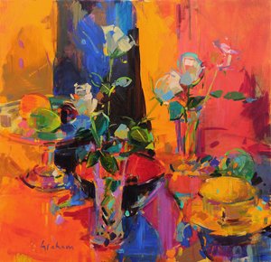 Still Life Table with Roses and Fruit by Peter Graham (Contemporary)