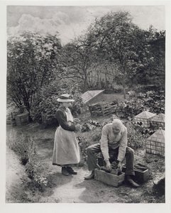 An Old Man and His Daughter Gardening by Peter Henry Emerson
