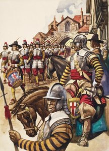 A Group of Pikemen of the New Model Army March into Battle Led by a Drummer