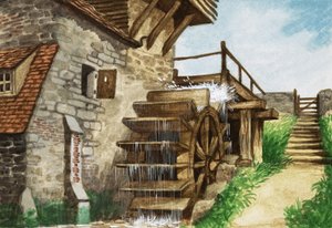 An old water mill by a stream