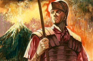 Roman soldier with Vesuvius erupting behind
