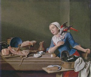 Kitchen Still Life with Female Figure and Parrot (The Feeling) by Peter Jacob Horemans