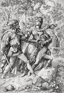 Queen of England Margaret of Anjou (1430-1482) and her son Edward rescued by a robber during their flight after the triumph of the Yorkists by Peter Johann Nepomuck Geiger