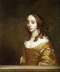 Portrait of a Lady of the Popham Family, half-length, Behind a Casement, Wearing an Orange Dress by Peter Lely