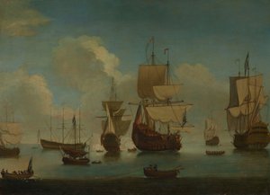 English warships at anchor in a calm, drying sails by Peter Monamy