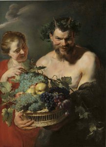 A satyr holding a basket of grapes and quinces with a nymph