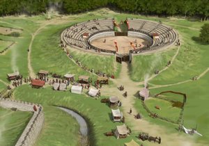 Spectators arrive at Silchester Roman City Amphitheatre c250 AD
