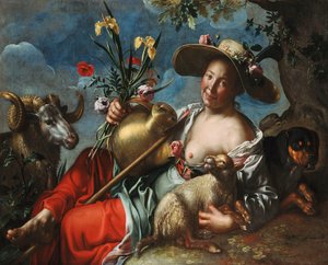 A Shepherdess Reclining with a Rabbit, a Hound and a Ram