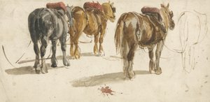 Three Cart-Horses in traces, back view by Peter de (attr.) Wint