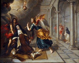 Saint Therese of Avila (of the Child Jesus) (1515-1582) meets the angel who pierces her heart with a golden dart by Peter Van Lindt (17th century) by Peter van Lint