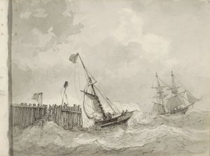 Two Sailing Ships at a Dock by Petrus Johannes Schotel (circle of)