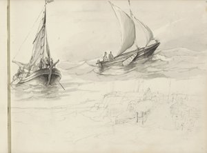 Two Sailing Ships with Figures at Sea