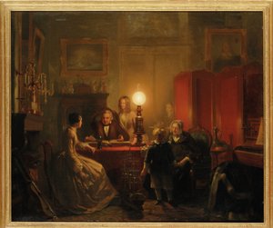 A Family Gathered Around a Lamplit Table, 1854 by Petrus Kiers