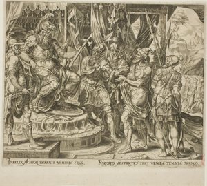 Achior Pleading with Holofernes for the Israelites, Plate One from The Story of Judith and Holofernes by Philip Galle