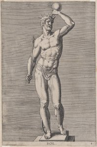 Apollo, statue of the nude god standing on a socle, wearing a crown and holding a...