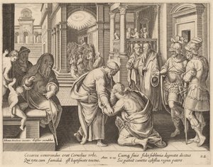 Cornelius Worshipping Saint Peter by Philip Galle after Jan van der Straet