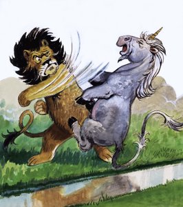 Lion punching unicorn by Philip Mendoza