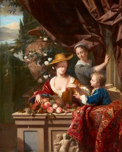 Elegant Figures on a Terrace with Bowl of Assorted Fruit by Philip van Dyck
