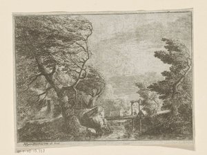 Stormy Landscape with Trees Next to a Bridge over a River by Philipp Hieronymus Brinckmann