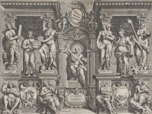 Allegorical thesis print with various figures, set in an architectural structure