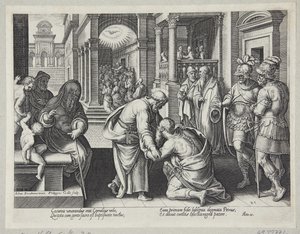 Cornelius Kneeling Before St. Peter by Philips Galle