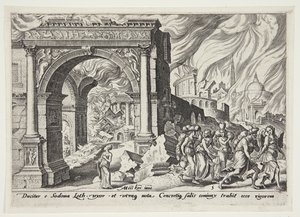 Lot and His Family Leaving the Burning Sodom by Philips Galle